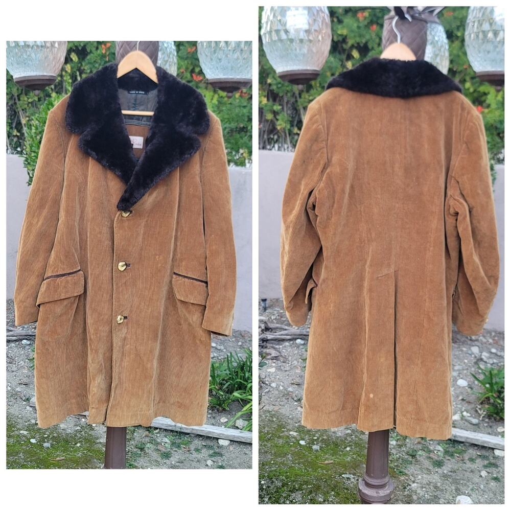 Vtg The Broadway Corduroy Brown Heavy Trench Coat Faux Fur Collar